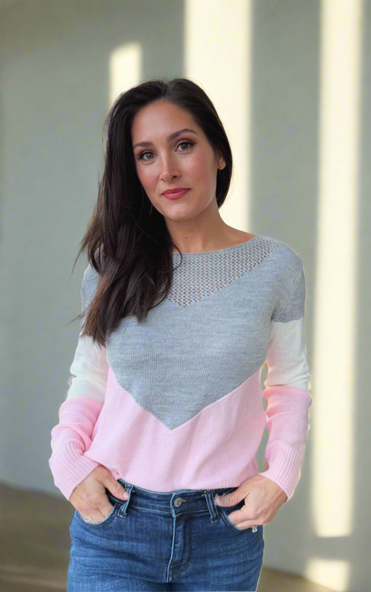 Openwork Contrast Round Neck Long Sleeve Knit Top