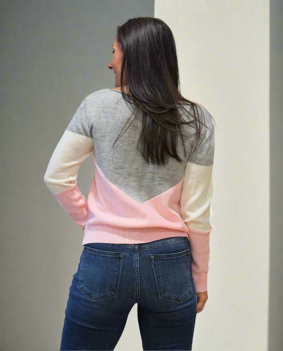 Openwork Contrast Round Neck Long Sleeve Knit Top