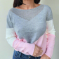 Openwork Contrast Round Neck Long Sleeve Knit Top