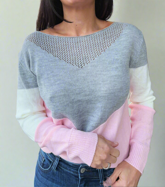 Openwork Contrast Round Neck Long Sleeve Knit Top